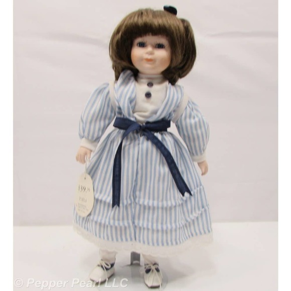 Porcelain Doll Short Brown Hair Blue Eyes Blue White Striped Dress Oxford Shoes - Picture 1 of 5